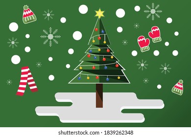 
Christmas tree background with a combination of a scarf, headgear, gloves, and ice snow