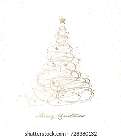 Christmas tree background created from golden ribbons and many stars.