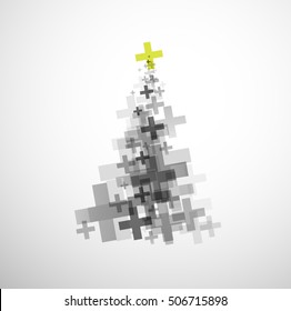 Christmas tree background created with plus signs grey version green star at the top