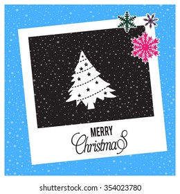 Christmas tree background, Creative Christmas tree Card, Abstract Christmas Tree,  photo frame with Snowflake border and creative typography in footer on glowing Vector background