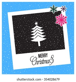 Christmas tree background, Creative Christmas tree Card, Abstract Christmas Tree, photo frame with Snowflake border and creative typography in footer on glowing Vector background