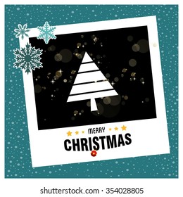 Christmas tree background, Creative Christmas tree Card, Abstract Christmas Tree, photo frame with Snowflake border and creative typography in footer on glowing Vector background