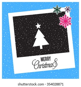 Christmas tree background, Creative Christmas tree Card, Abstract Christmas Tree, photo frame with Snowflake border and creative typography in footer on glowing Vector background