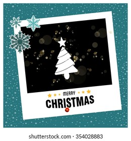 Christmas tree background, Creative Christmas tree Card, Abstract Christmas Tree, photo frame with Snowflake border and creative typography in footer on glowing Vector background