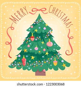 Christmas tree background with decorations and ribbons