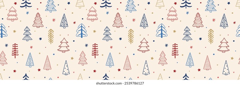 Christmas tree background design. Seamless pattern with cartoon ornaments. Vector illustration