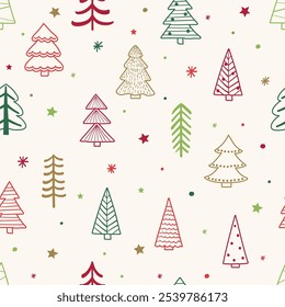 Christmas tree background design. Seamless pattern with cartoon ornaments. Vector illustration