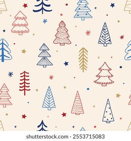 Christmas tree background design. Seamless pattern with cartoon ornaments. Vector illustration