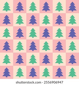 Christmas tree background design. Seamless pattern with abstract cartoon ornaments. Vector illustration