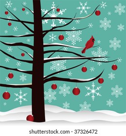 Christmas Tree Background Designed With Red Cardinal, Red Ornaments, Snow  And Snowflakes.