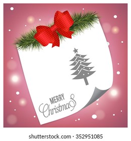 Christmas tree background. Christmas tree fir with ribbon bow and page curl on glossy Pink background