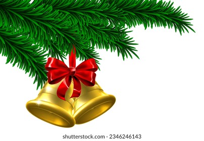 Christmas Tree background with gold bell bauble ornament decorations