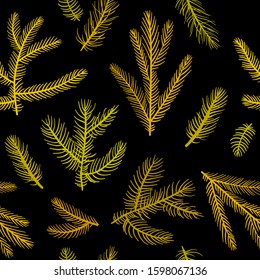 Christmas tree background. Gold seamless pattern, made of green fir branche on dark backgrounds. Greeting card. Happy new year. Xmas design for vector holiday card