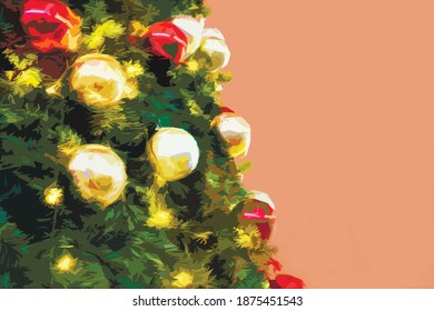 Christmas tree background with large multicolored glossy balls