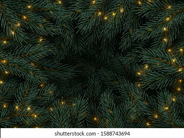 Christmas tree background with lush pine branches, bright light garlands. Vector illustration