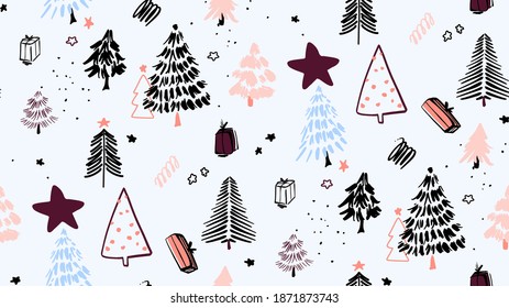 Ornamentos de fondo de árboles de Navidad, patrón geométrico constante del árbol de pino de rama de abeto eververde de invierno. Dibujo de Doodle arte simple. Diseño festivo Noel de diciembre. Vector de decoración de navidad 