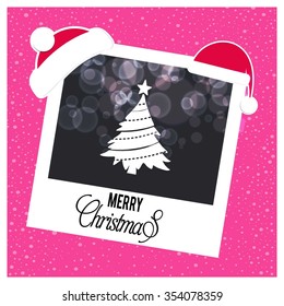Christmas tree background. Photo frame Christmas Typography background with Santa Hat
