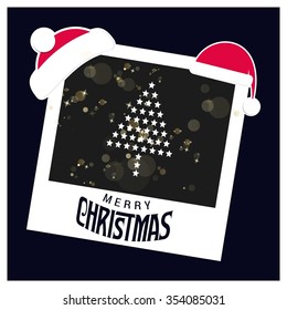 Christmas tree background. Photo frame with Santa Hat on top and Merry Christmas typography on glowing Snowflakes Vector background