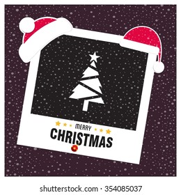 Christmas tree background. Photo frame with Santa Hat on top and Merry Christmas typography on glowing Snowflakes Vector background