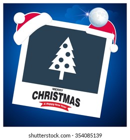Christmas tree background. Photo frame with Santa Hat on top and Merry Christmas typography on glowing Snowflakes Vector background