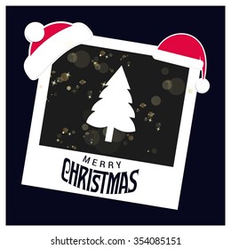 Christmas tree background. Photo frame with Santa Hat on top and Merry Christmas typography on glowing Snowflakes Vector background