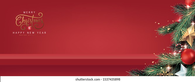 Christmas tree background and red shelf on the wall for display .Merry Christmas text Calligraphic Lettering Vector illustration. 