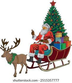 Christmas tree background. Santa claus with reindeer. Winter landscape with fir trees forest and snowing. Happy new year celebration. New year xmas holiday.