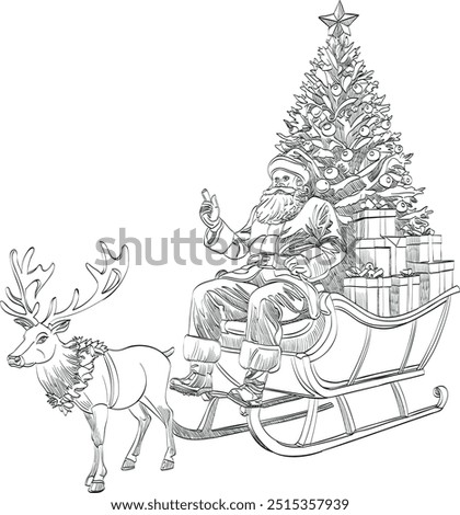 Christmas tree background. Santa claus with reindeer. Winter landscape with fir trees forest and snowing. Happy new year celebration. New year xmas holiday.