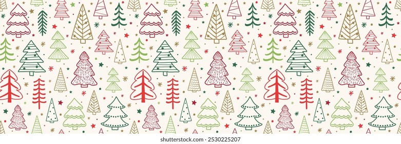 Fondo del árbol de Navidad. Diseño de patrón sin fisuras con adornos dibujados a mano. Concepto de Fondo de pantalla. Ilustración vectorial