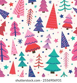 Christmas tree background. Seamless pattern design with hand drawn ornaments. Wallpaper concept. Vector illustration