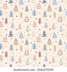 Christmas tree background. Seamless pattern design with hand drawn ornaments. Wallpaper concept. Vector illustration