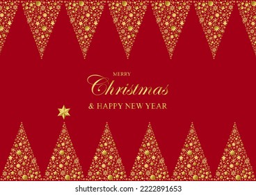 Christmas tree background with shining gold snowflakes, stars and balls. Merry Christmas and New Year card. Vector Illustration.