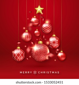 Weihnachtsbaumhintergrund mit leuchtenden Bändern, Stern und bunten Kugeln. Neues Jahr und WeihnachtsVektorgrafik auf rotem Hintergrund