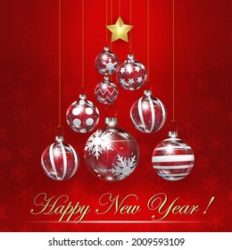 Weihnachtsbaumhintergrund mit leuchtendem Stern und bunten Bälle auf Schneeflocken-Hintergrund. Neujahr und Weihnachtskarte, Vektorgrafik auf rotem Hintergrund