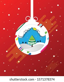 Christmas tree in the background of white mountain, blue sky, white cloud, yellow moon and snowflake which all of them are in white and colorful christmas ball in red background.