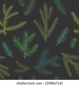 Christmas tree background. Winter artistic seamless pattern, made of green fir branches. Greeting card. Happy new year. Xmas design for vector holiday card