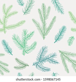 Christmas tree background. Winter artistic seamless pattern, made of green fir branches on white. Greeting card. Happy new year. Xmas design for vector holiday card