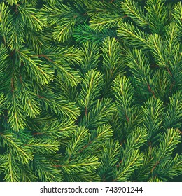 Christmas tree background. Winter artistic seamless pattern, made of green fir branches. Greeting card. Happy new year. Xmas design for vector retro holiday card