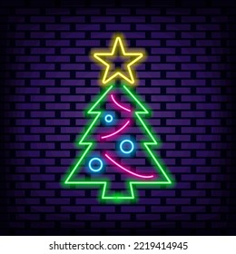 Christmas Tree Badge In Neon Style. On Brick Wall Background. Announcement Neon Signboard. Isolated On Black Background. Vector Illustration