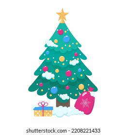 Christmas tree with bag and gift. vector illustration