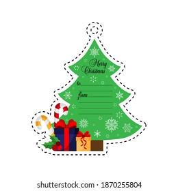 Christmas tree and a bag with gifts. Christmas. Gift tag. Card. Vector illustration. Flat design style