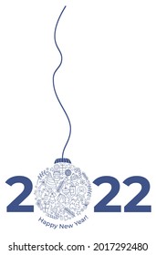 Christmas tree ball. 2022. text Happy New Year. Date and ball made of linear doodles of the New Year tree, candles, caramel, snowflakes. Vector illustration. For design, decor, greetings, cards