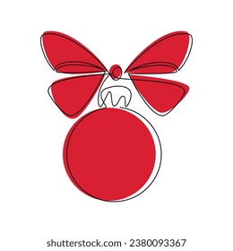 Balón de árbol de Navidad baudible línea de arco de cinta roja contínuo dibujo. Icono del vector. Ilustración dibujada a mano, diseño gráfico, impresión, banner, tarjeta, afiche, signo, símbolo, adorno festivo, decoración festiva.