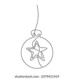 Christmas tree ball bauble star line continuous drawing vector. Hand drawn illustration, graphic design, print, banner, card, poster, sign, symbol, logo, festive ornament, holiday decor, outline icon.