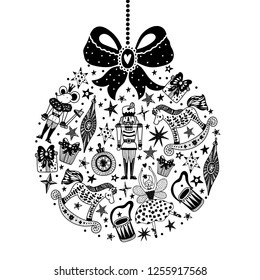 Christmas tree ball. Black Christmas vector card. Around motif.