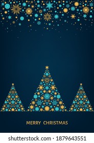 Christmas tree, ball with  blue, gold holiday pattern from snowflakes, xmas elements and decorations. Vector flat illustration for greeting card, poster or invitation.