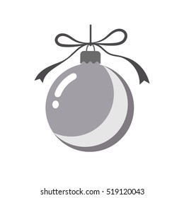 Christmas tree ball with bow. Gray bauble decoration, isolated on white background. Symbol of Happy New Year, Xmas holiday celebration, winter. Flat design for card. Vector illustration