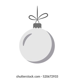 Christmas tree ball with bow. Gray bauble decoration, isolated on white background. Symbol of Happy New Year, Xmas holiday celebration, winter. Flat design for card. Vector illustration
