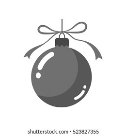 Christmas tree ball with bow. Gray bauble decoration, isolated on white background. Symbol of Happy New Year, Xmas holiday celebration, winter. Flat design for card. Vector illustration