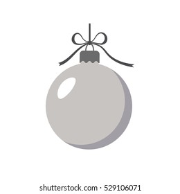 Christmas tree ball with bow. Gray bauble decoration, isolated on white background. Symbol of Happy New Year, Xmas holiday celebration, winter. Flat design for card. Vector illustration